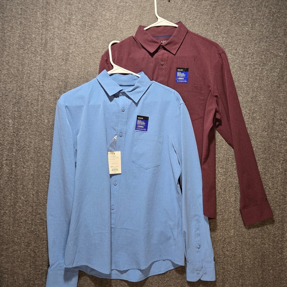 Lot of 2‎ Apt 9 Slim Fit Premier Flex Performance Untucked Shirt Blue Red Mens M